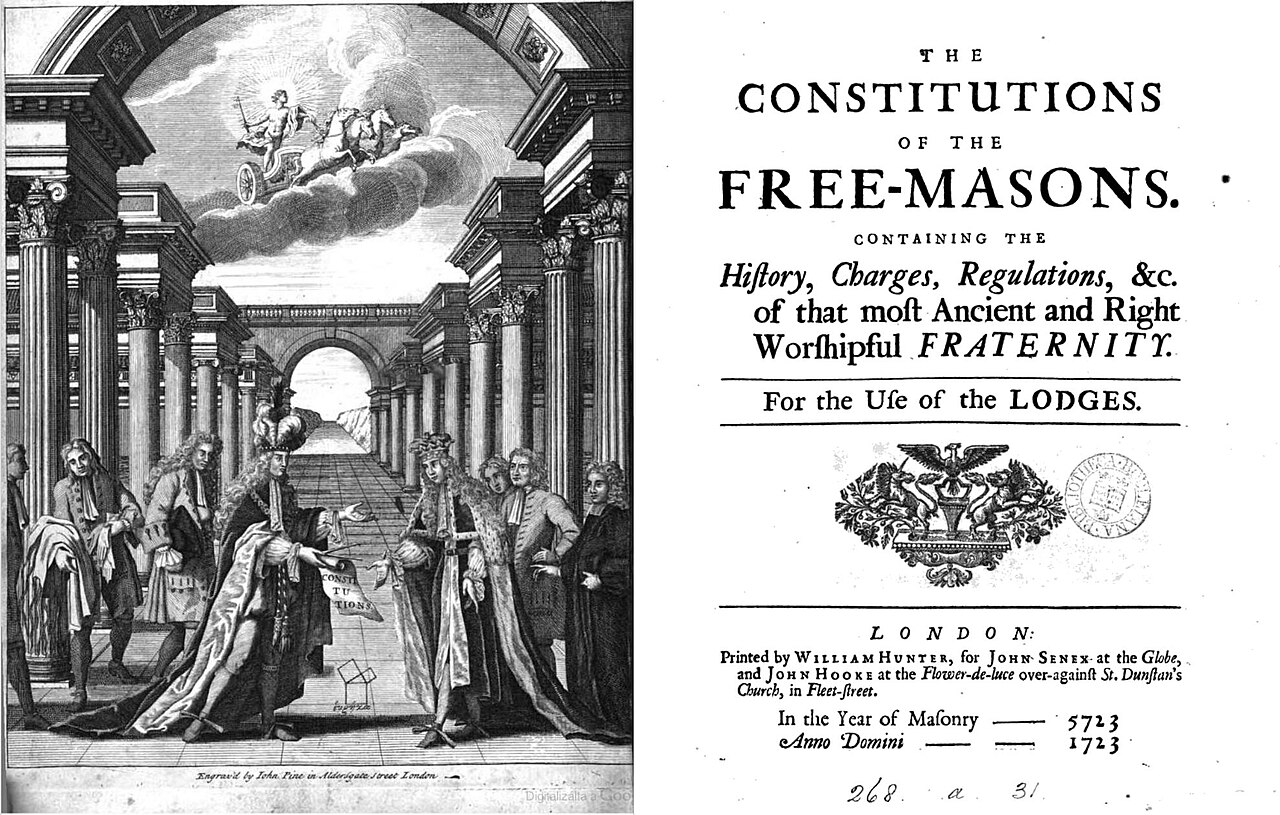 Frontispiece of Anderson's Constitutions, 1723 — the founding document of modern Freemasonry